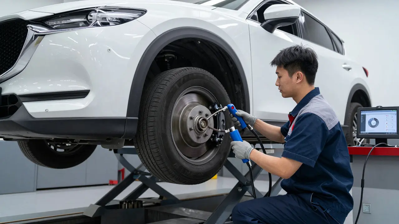 Mechanik v dílně provádí profesionální výměnu brzdové kapaliny u vozu Mazda.