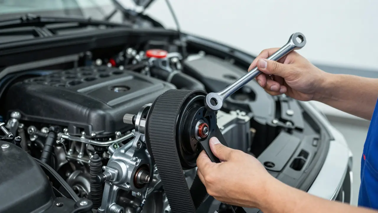 Mechanik vyměňuje řemen u motoru Mazdy v profesionálním servisu