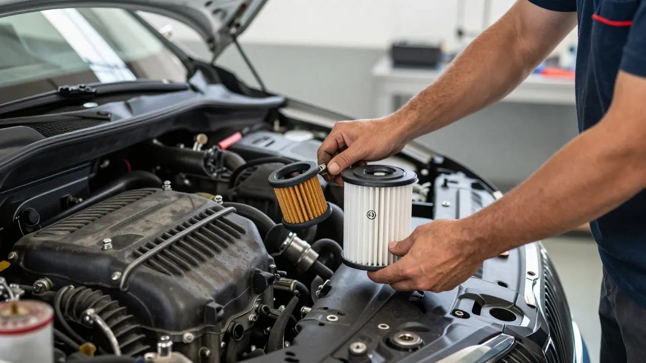 Mechanik vyměňující starý palivový filtr za nový v moderní dílně.