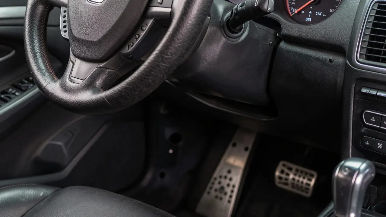 Opotřebovaný volant a pedály auta jako znamení vrácených kilometrů