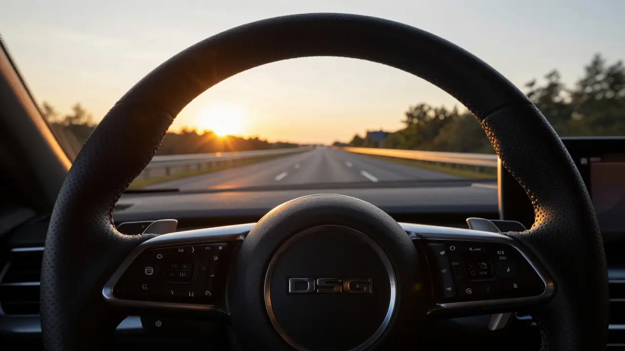 Podvolení s pádly pro manuální řazení DSG na dálnici při západu slunce.