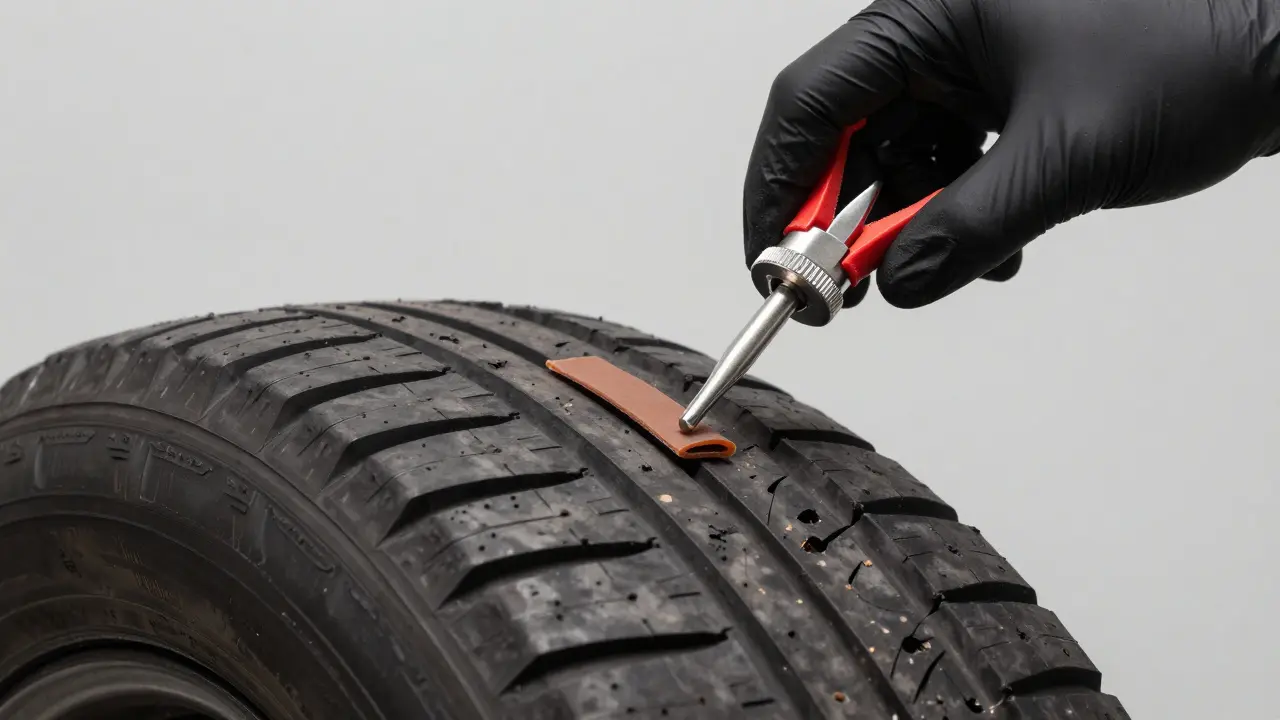 Proces opravy pneumatiky pomocí gumičkového tmelu