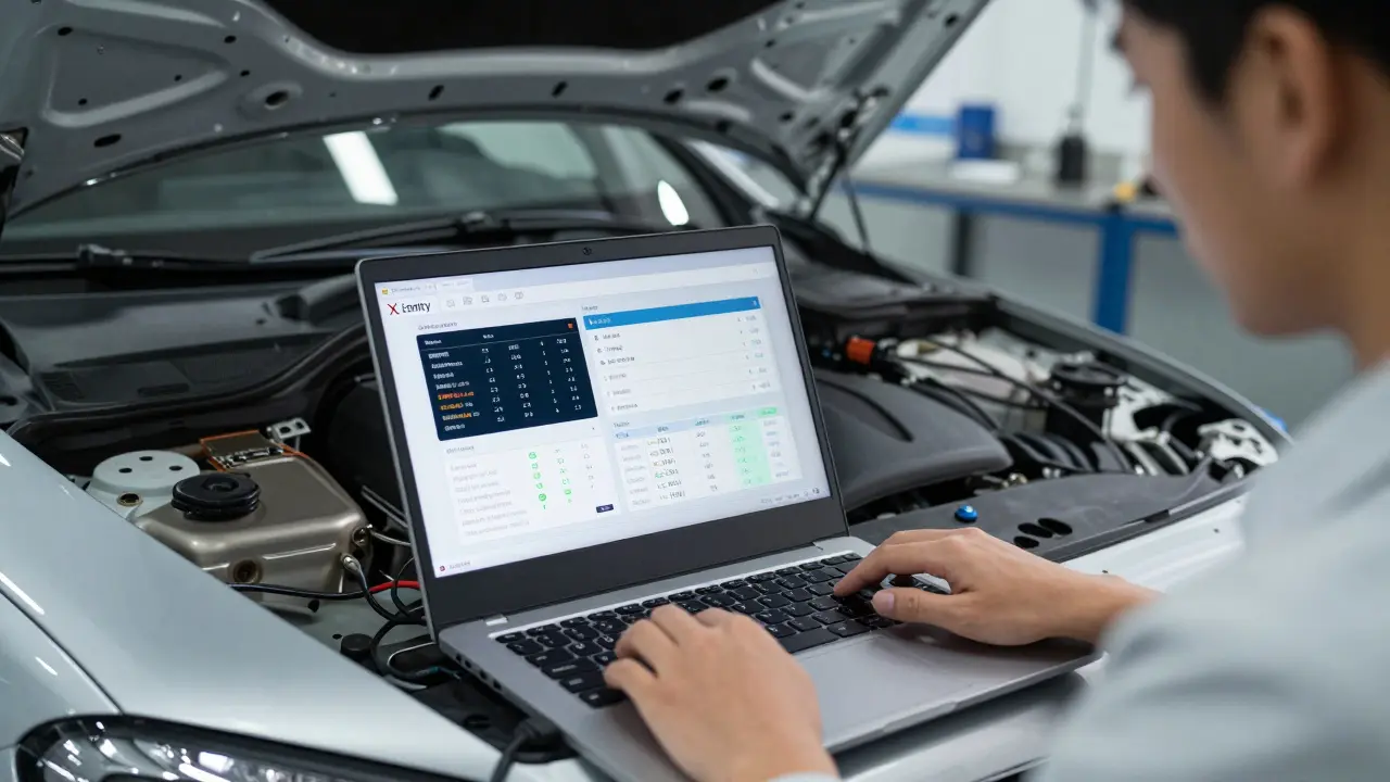 Profesionální diagnostika vozu Mercedes-Benz pomocí notebooku a softwaru Xentry v servisu.