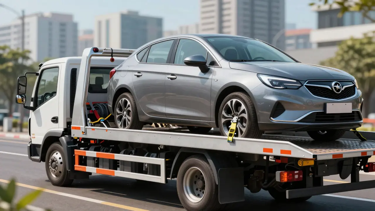 Profesionální odtahová služba přepravující auto Opel v městském prostředí.