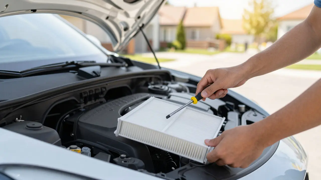 Ruční výměna cabinového filtru u Tesly na domácím příjezdu.