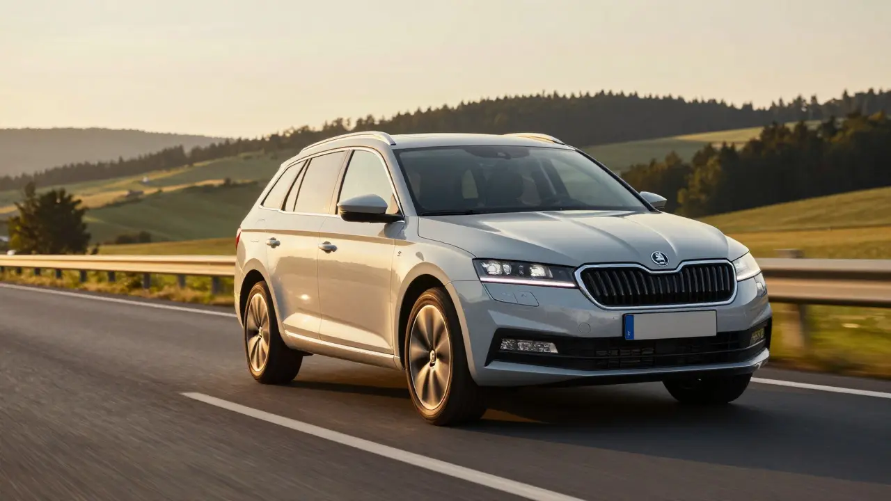 Škoda jedoucí po dálnici v zářivém světle zapadajícího slunce