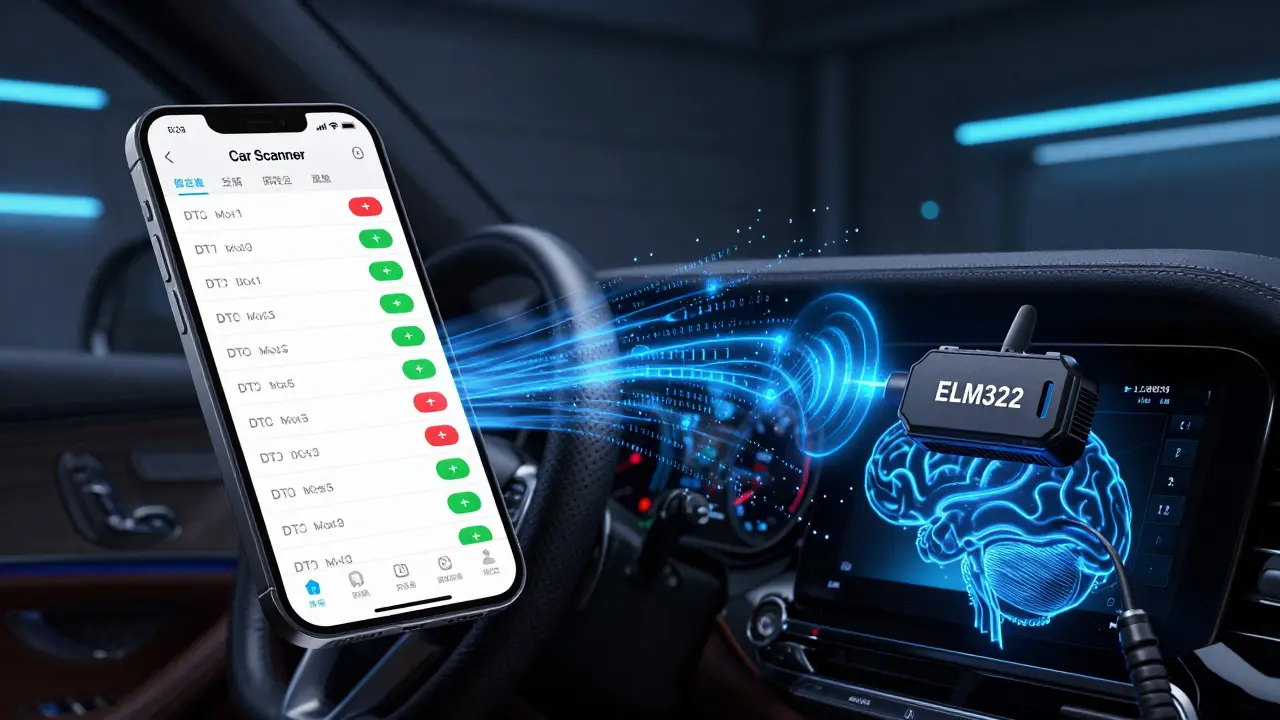 Smartphon s aplikací pro diagnostiku aut a digitální přenos dat u palubní desky.