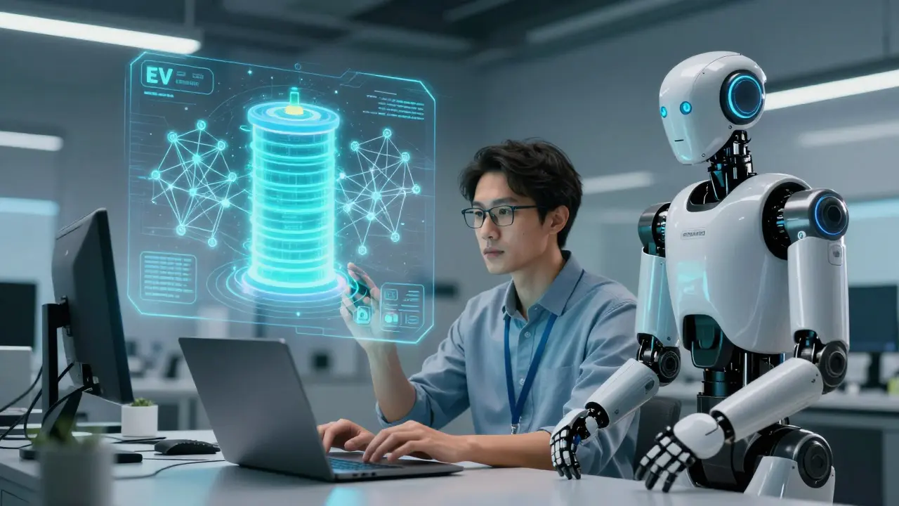 Software engineer spolupracující s humanoidním robotem v futuristické laboratoři EV.