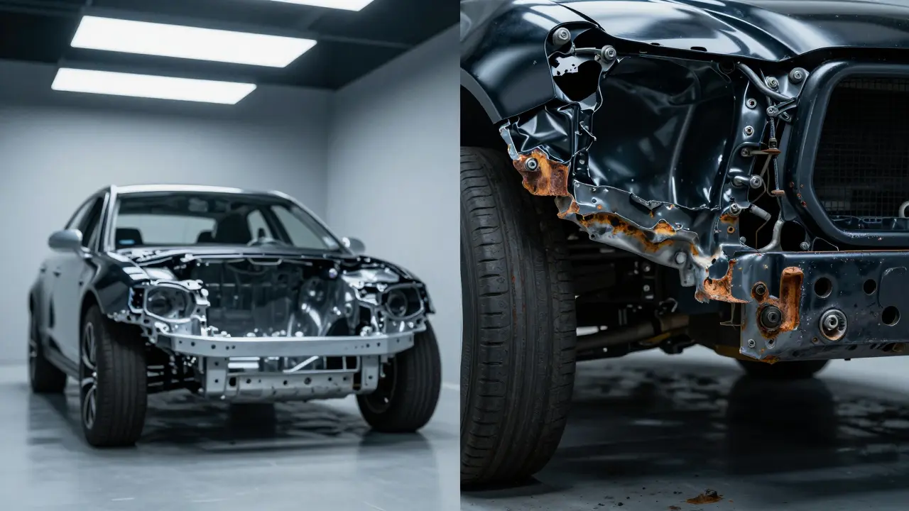 Srovnání čistého vzhledu auta s detailním záběrem na skrytou korozi podvozku.