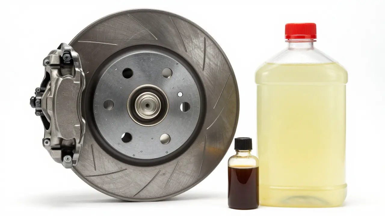 Srovnání svěží světle žluté a staré tmavě hnědé brzdové kapaliny u brzdového kotouče.