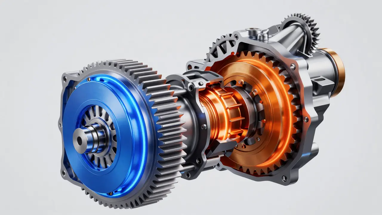 Technická 3D ilustrace vnitřního mechanismu převodovky s dvojitou spojkou DCT.