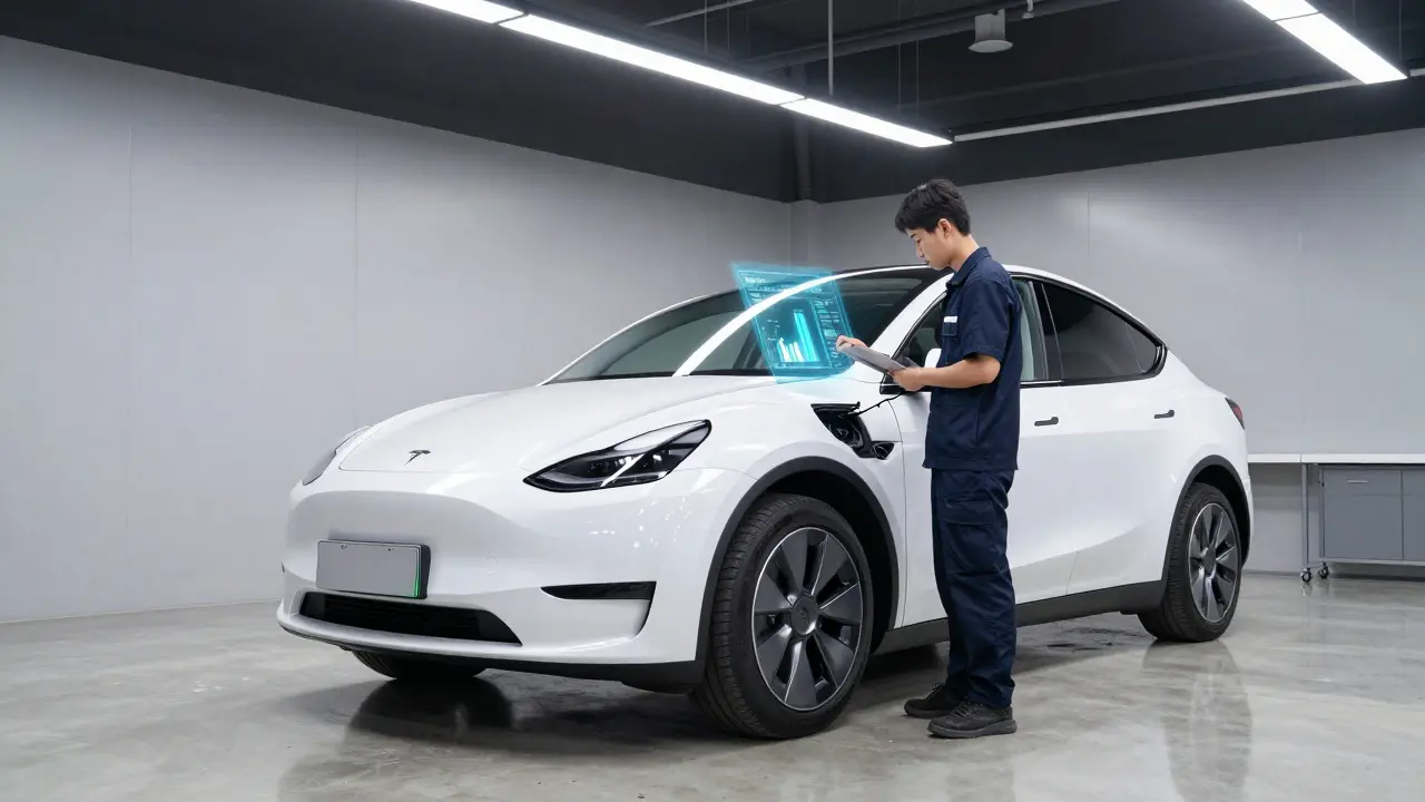 Technik v servisu provádí diagnostiku baterie elektromobilu Tesla pomocí tabletu.