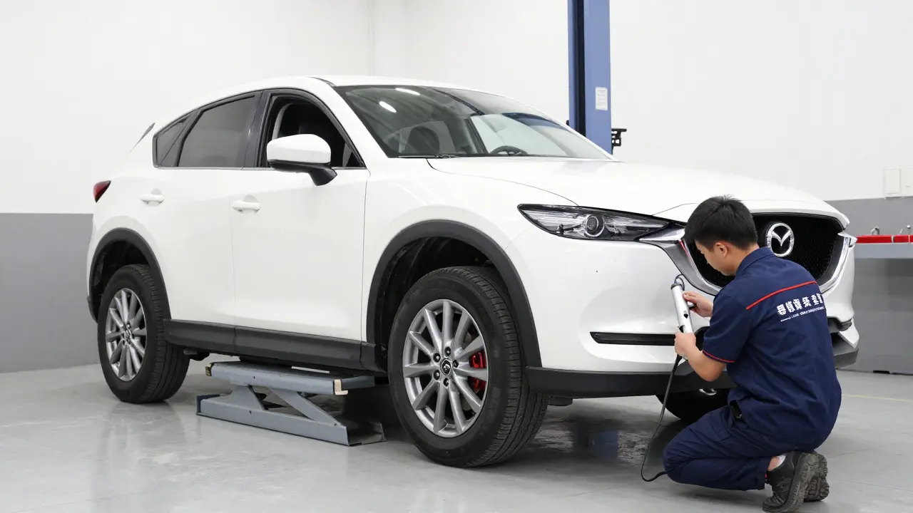 Technik v servisu provádí výměnu brzdové kapaliny u Mazdy CX-5.