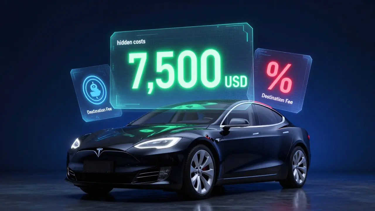 Tesla Model S s holografickými symboly daňových úlev a poplatků.