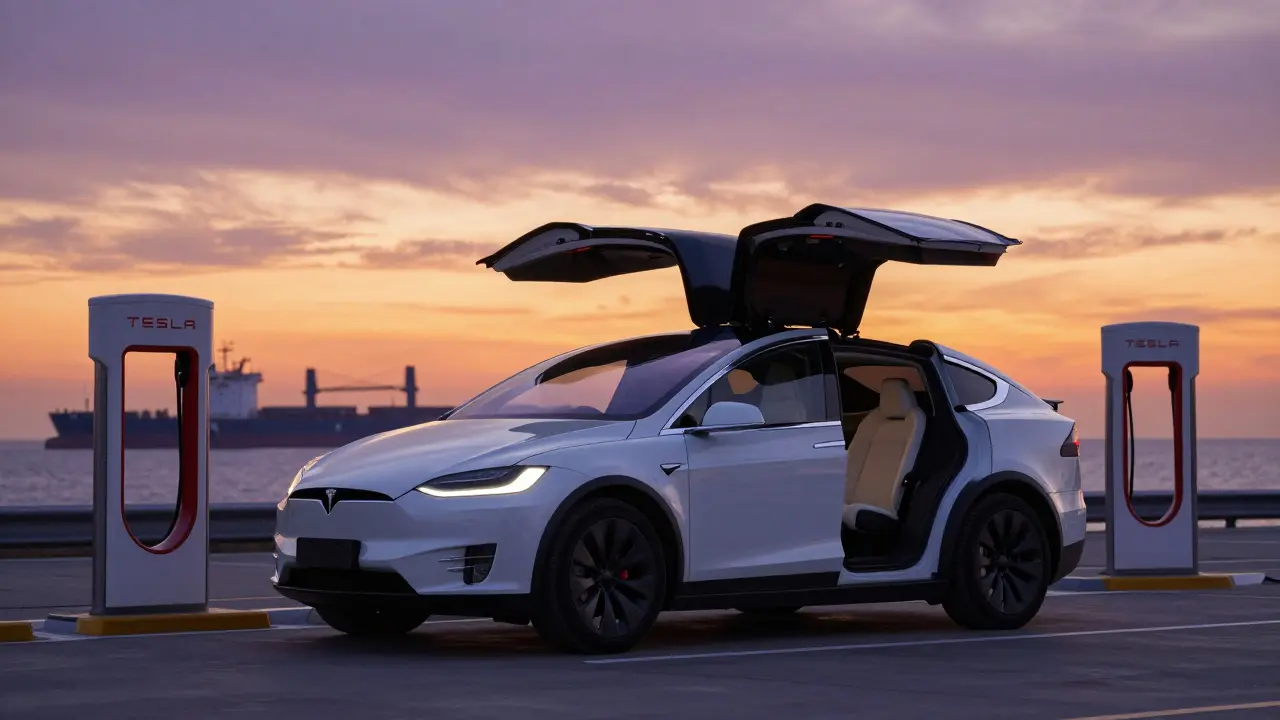 Tesla Model X s otevřenými křídlovými dveřmi u nabíječky při západu slunce.