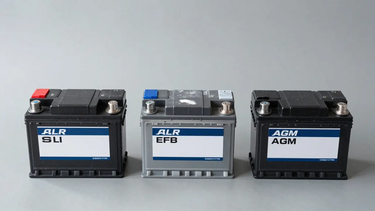 Tři typy autobaterií SLI, EFB a AGM vyřazené na šedém povrchu.