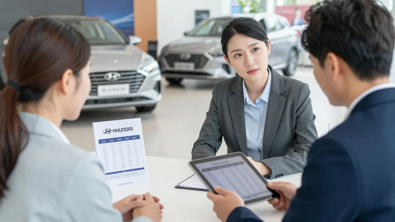 Vyjednávání zákazníka s prodejcem v autosalonu.
