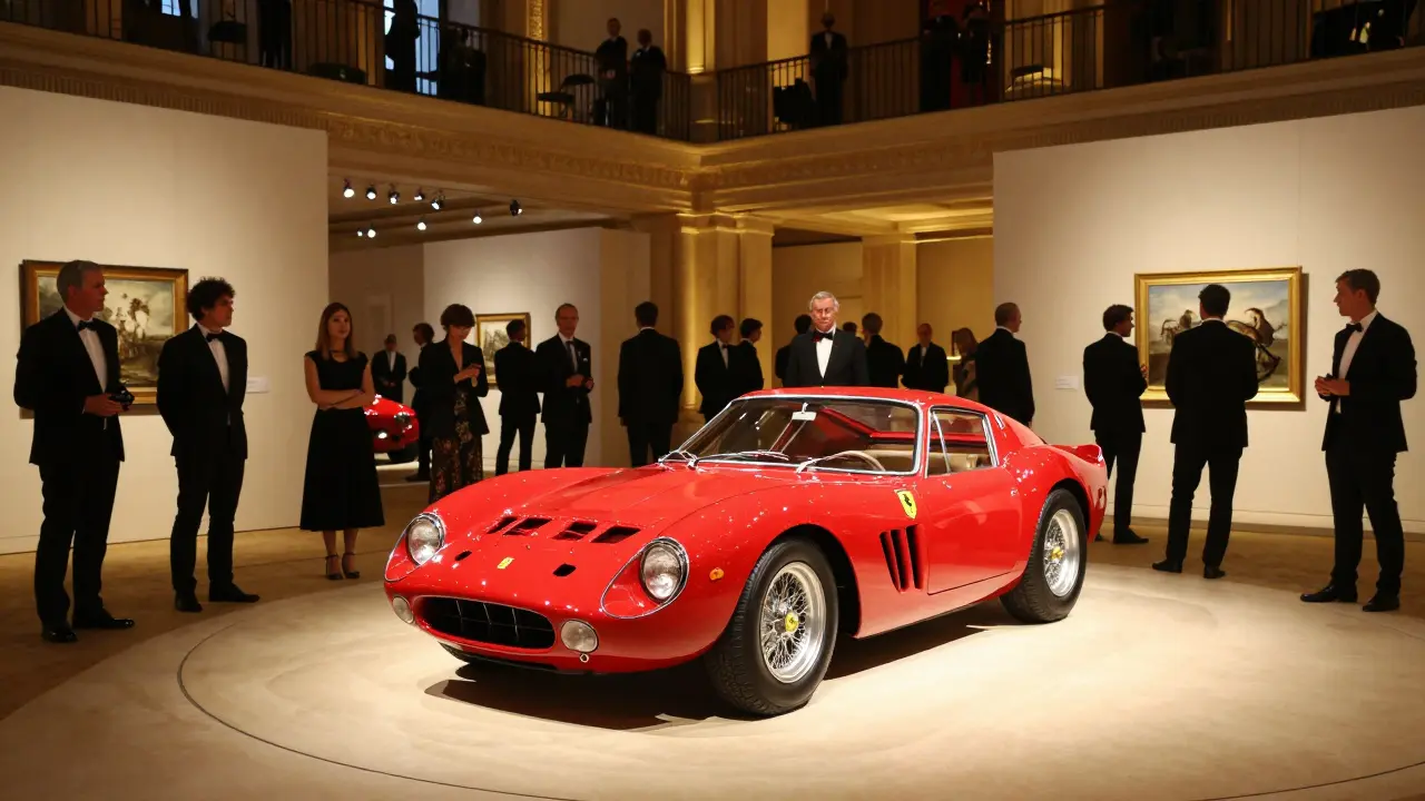Vzácné Ferrari 250 GTO na pódiu během prestižní automobilové aukce.